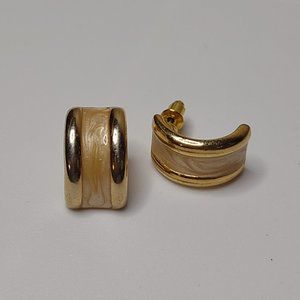 Gold Tone And Cream Colored Enamel Vintage Earrings
